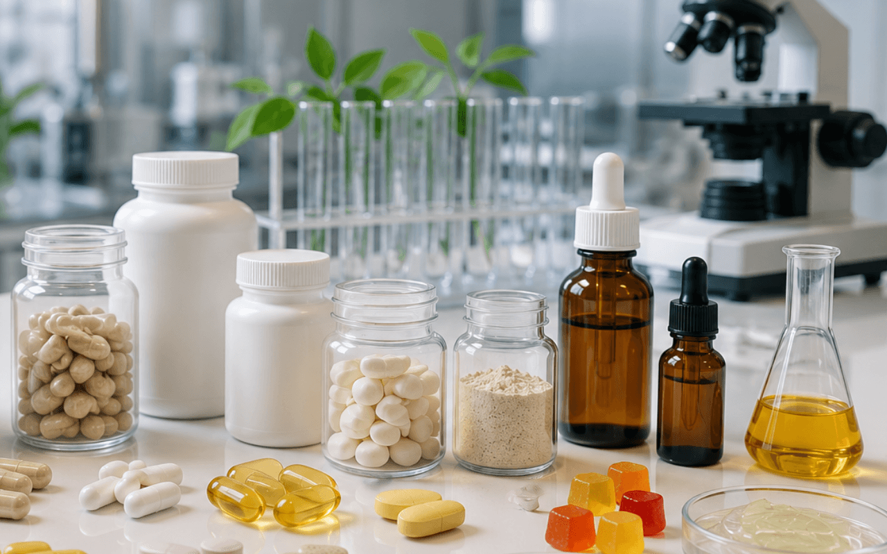 Various bottles, capsules, pills, and liquids on a lab bench, with test tubes containing plants and a microscope.